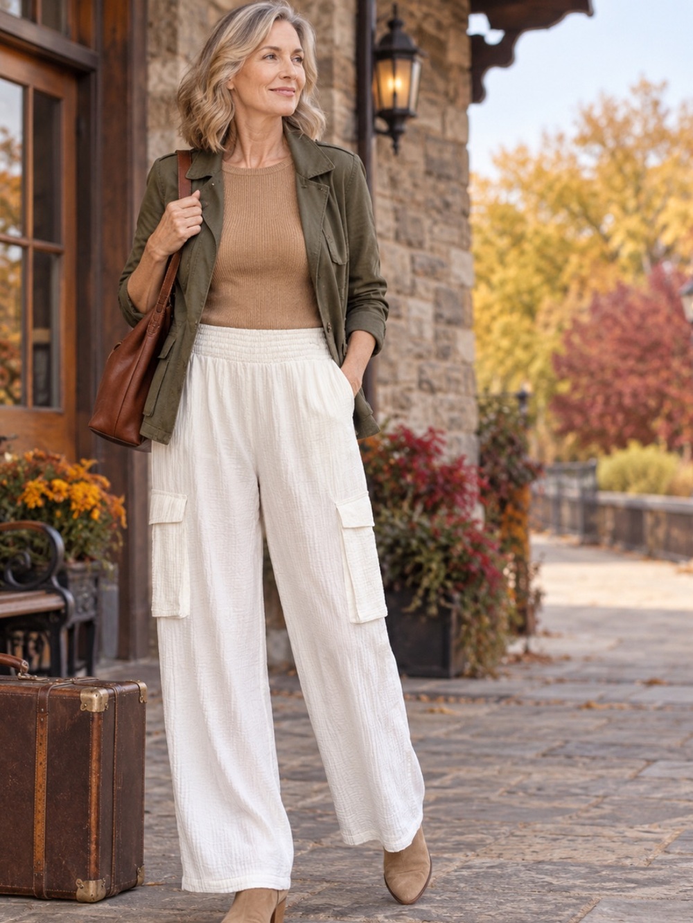Women's Cream Cargo Wide-Leg Pants